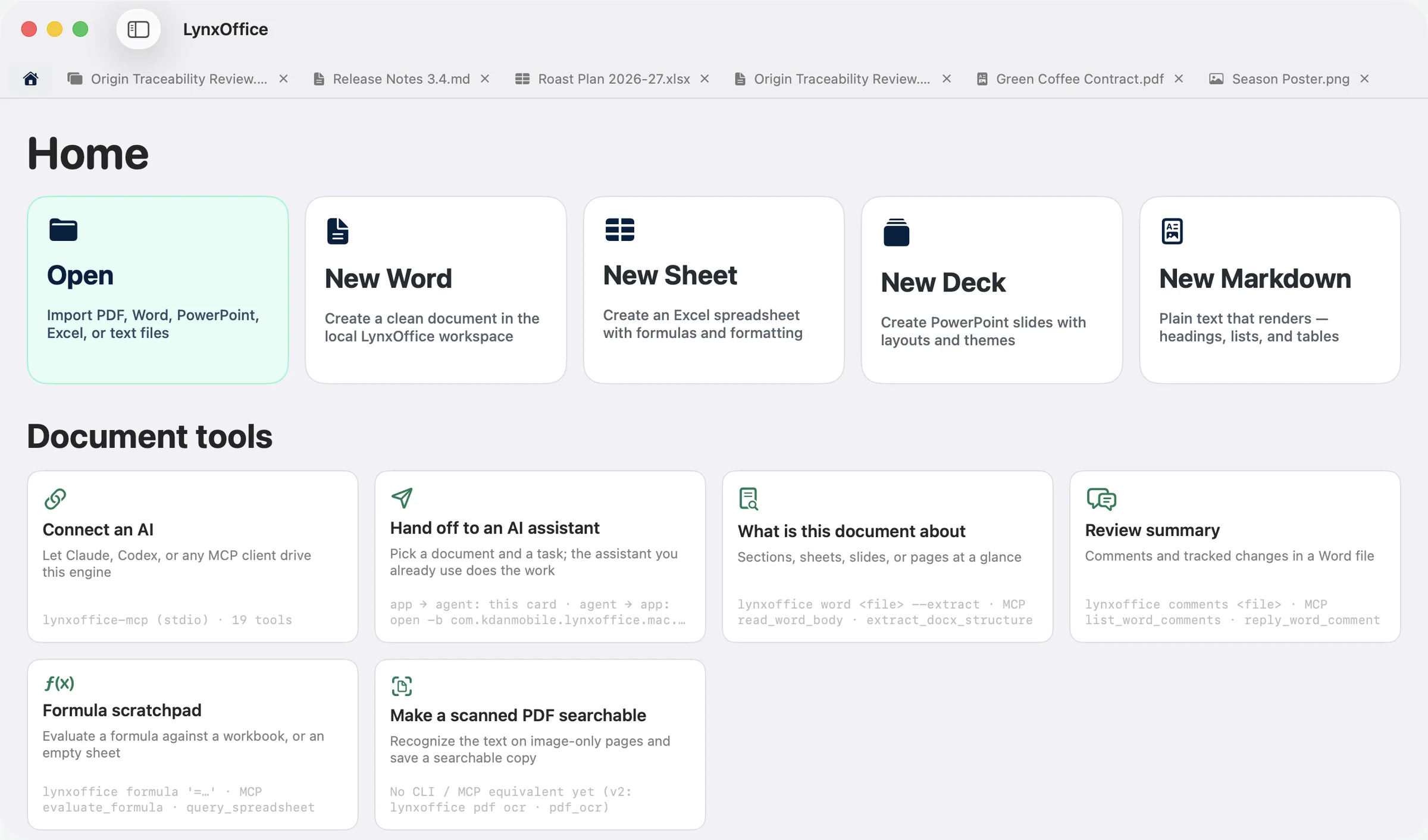 The LynxOffice home screen, showing the six AI tool cards above a list of recent documents