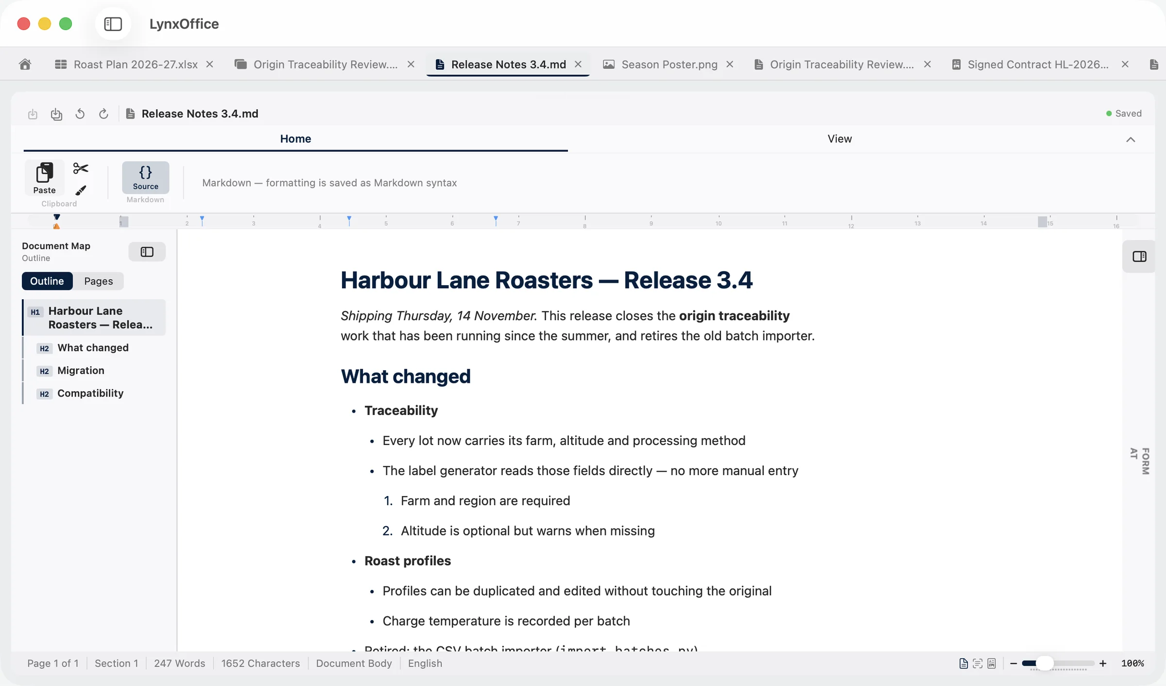 A Markdown file, opened as a formatted document